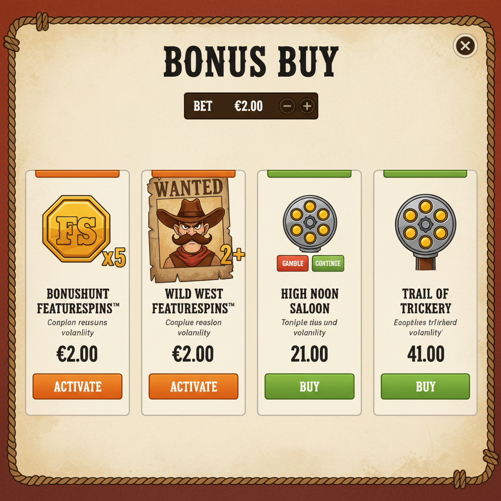 Le Cowboy Bonus Buy menu met vier opties: Bonushunt Featurespins, Wild West Featurespins, High Noon Saloon en Trail of Trickery