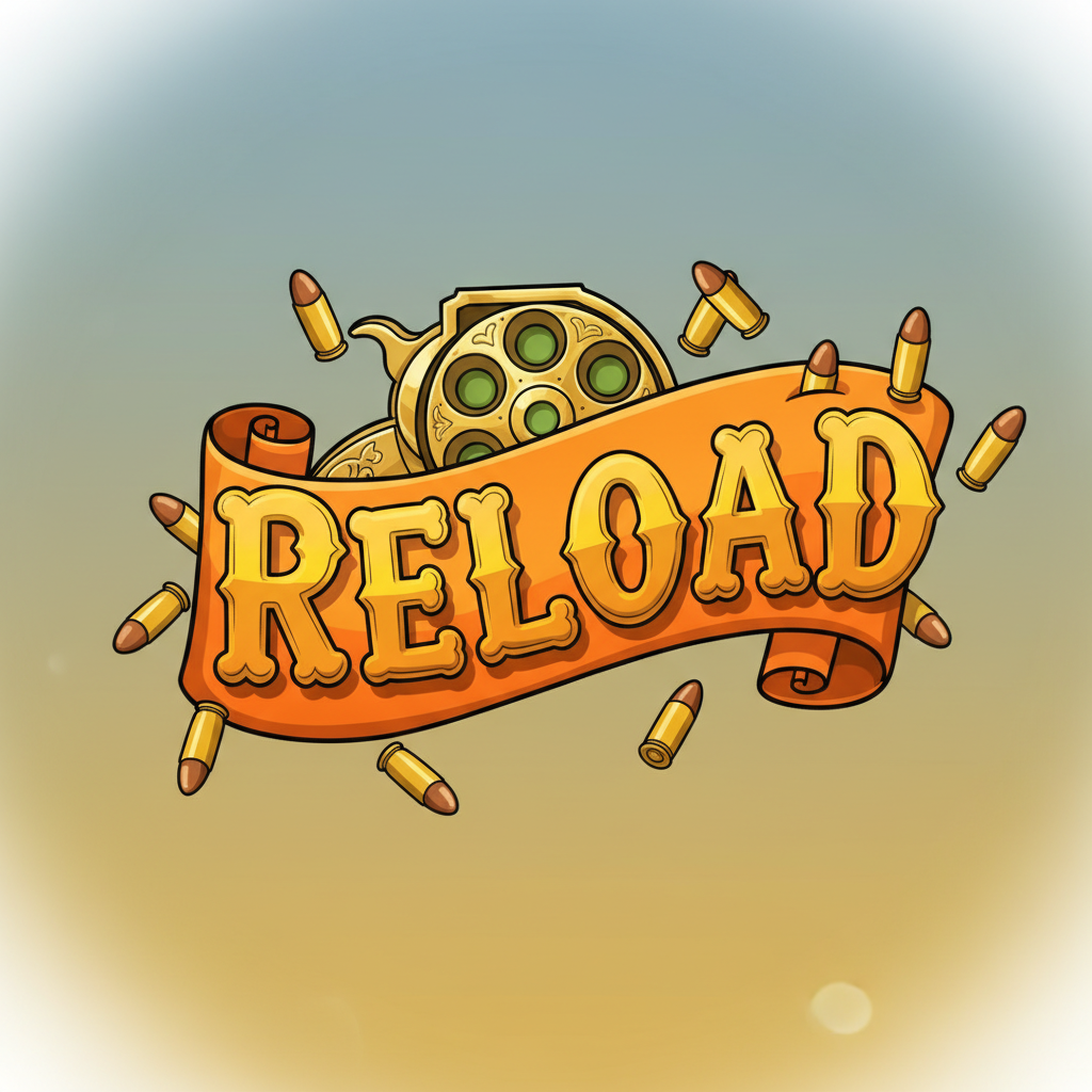 Le Cowboy Reload symbool met gouden kogels en oranje banner die alle Revolver Cylinders herlaadt