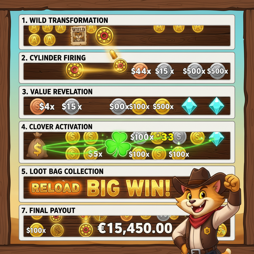 Le Cowboy zeven fases van het Revolver Reveal systeem van Wild transformatie tot finale uitbetaling