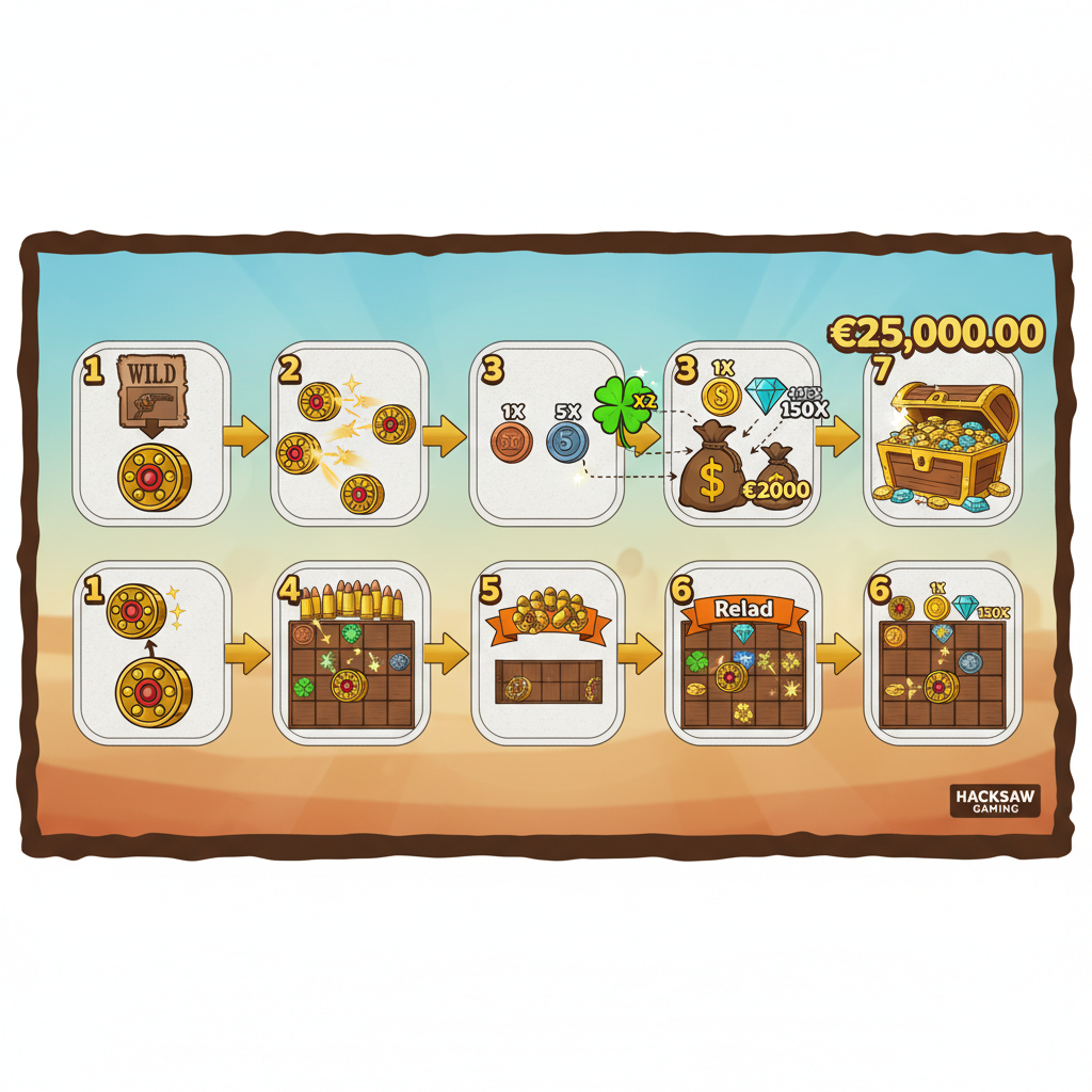 Le Cowboy Revolver Reveal systeem met zeven fases van Wild transformatie tot finale uitbetaling