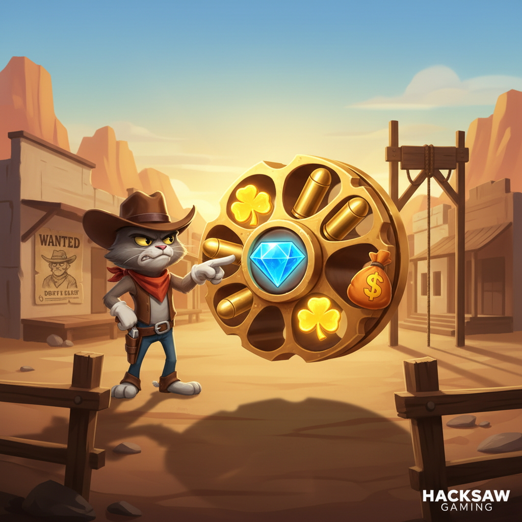 Le Cowboy slot review - Hacksaw Gaming's Revolver Cylinder mechaniek met Smokey de cowboy kat in Wild West woestijnstad