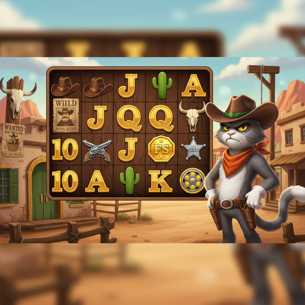 Le Cowboy slot hoofdscherm met Smokey de kat cowboy en het 6x5 speelgrid in een Wild West woestijnstad