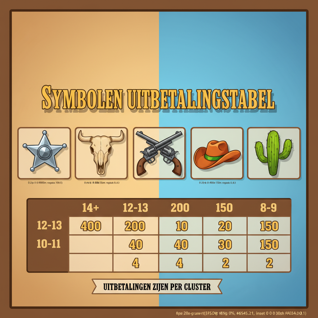 Le Cowboy symbolen overzicht met Sheriff Star, Bull Skull, Crossed Pistols, Cowboy Hat en Cactus uitbetalingen
